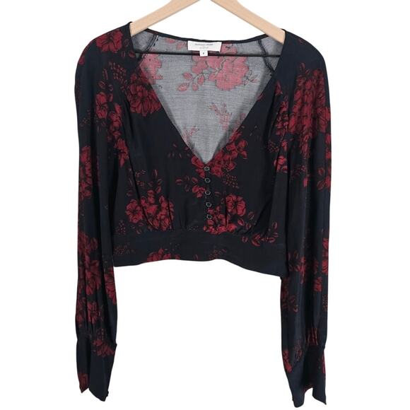 Marissa Webb Navy Red Floral V-Neck Cropped Blouse Sz 8 | Long Sleeve - Picture 3 of 6